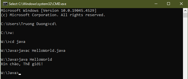 Minh họa các dòng lệnh để biên dịch và chạy chương trình Java trong Command Prompt Dòng lệnh chạy chương trình Java trong Command Prompt - minh họa